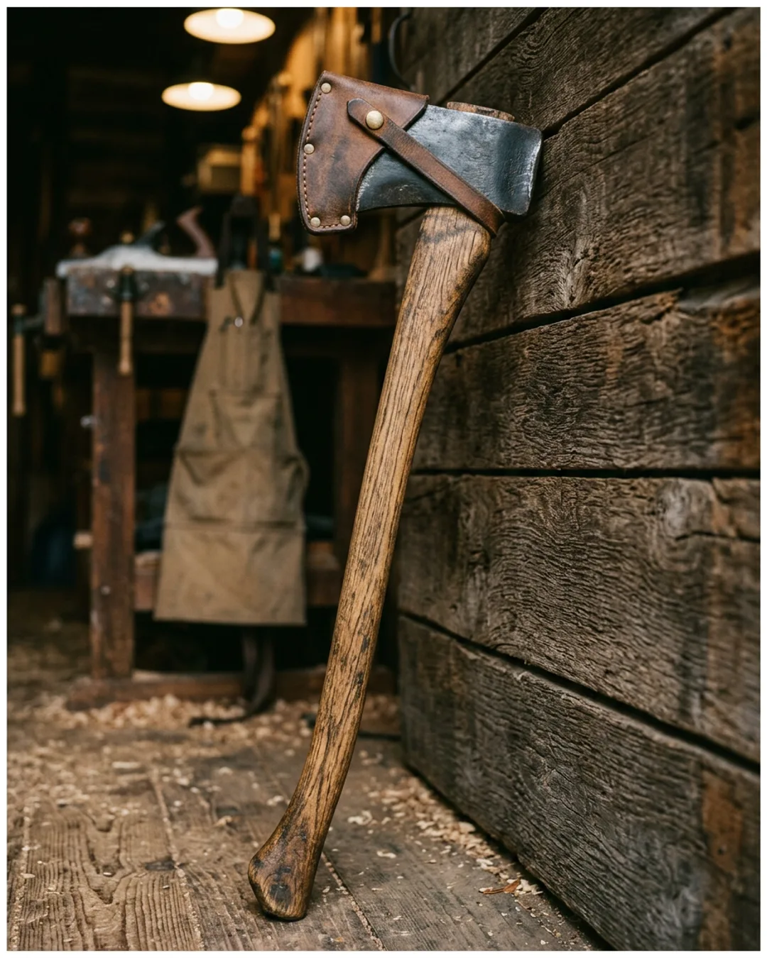 American-made felling axe on a worn workbench