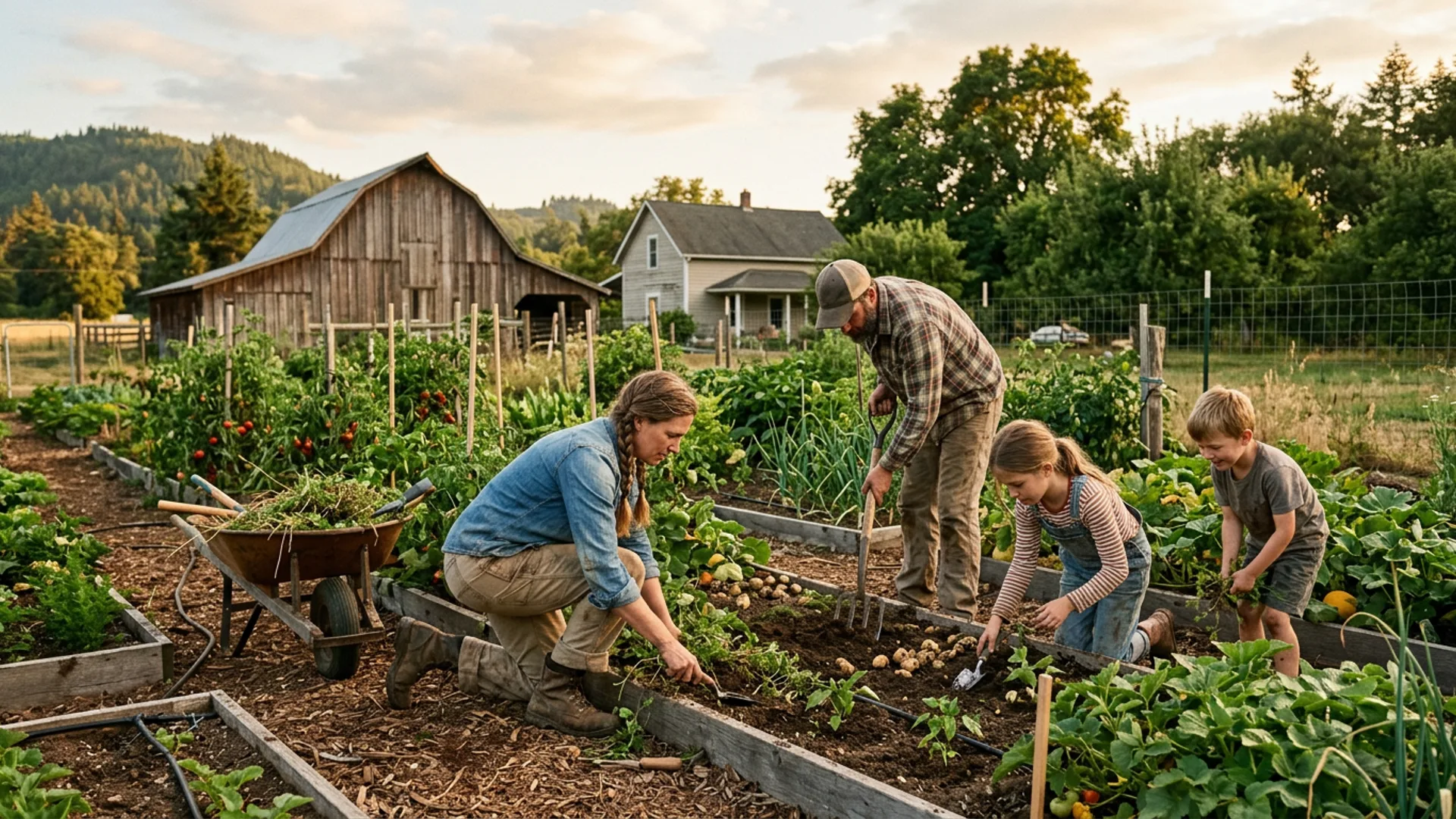 Family working at their homestead
